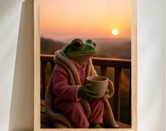Cozy Frog Sunset Portrait, Funny Frog Wall Art, Cozy Frog Wall Decor, Peaceful Morning Decor, Digital Download
