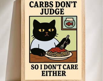 Carbs Don't Judge So, Funny Black Cat Wall Decor, Spaghetti Poster, Retro Diner Poster, Spaghetti Lover Wall Art, Digital Download