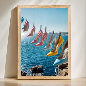 May include: A row of colorful high-heeled shoes hanging on a clothesline against a blue sky and ocean background.