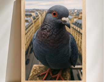 May include: A framed print showing a close-up of a pigeon with dark grey plumage, a maroon chest, and bright orange eyes. The bird is perched on a stone ledge, with a blurred cityscape in the background. The frame is made of light-coloured wood.