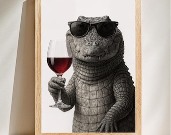 Crocodile Wine Glass Poster, Cool Crocodile Wall Art, Funny Kitchen Wall Art, Home Bar Decor, Digital Download