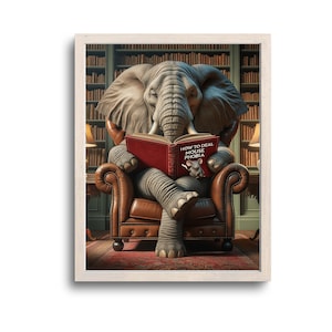 Elephant Gifts, Animal Reading Books, Elephant Wall Art, Funny Elephant, Elephant Lover, Elephant Print, Birthday Gift, Digital Download