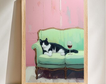 Sofisticado gato en el sofá, estilo caprichoso, lámina decorativa original para el hogar, arte de pared para amantes de los animales, descarga digital.