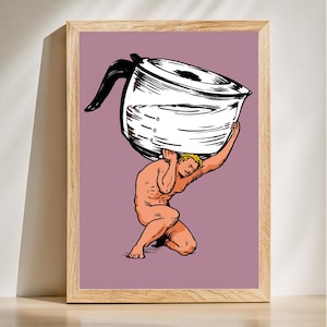 May include: A line drawing of a person carrying a large coffee pot on their back. The person is nude and has blonde hair. The coffee pot is white with black lines and a black handle. The background is a light purple color.