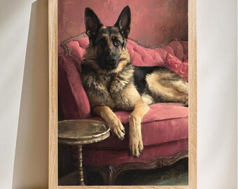 Retrato de un majestuoso pastor alemán, estilo victoriano, elegante arte mural canino, decoración original para el hogar, descarga digital.
