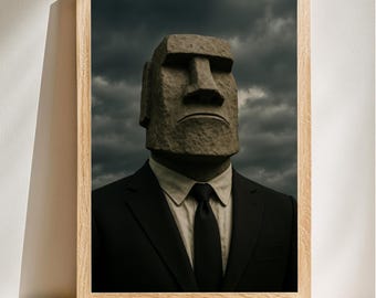 Funny Moai Head Poster, Easter Island Statue Wall Art, Moai Head in Suit, Home Office Decor, Digital Download
