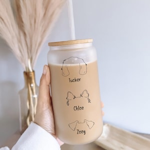 Personalized Dog Ears Glass Tumbler with Name, Custom Dog Tumbler, Dog Sipper Glass, Dog Mom Gift, Custom Glass Coffee Cup, Dog Dad Gift