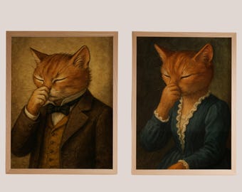 May include: Two framed paintings of cats dressed in human clothing. The cat on the left is wearing a brown suit with a bow tie and a vest. The cat on the right is wearing a blue dress with a white lace collar.