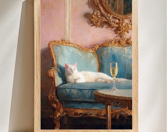 Retrato de gato blanco de lujo, estilo barroco, elegante arte mural para mascotas, decoración sofisticada para el hogar, descarga digital.