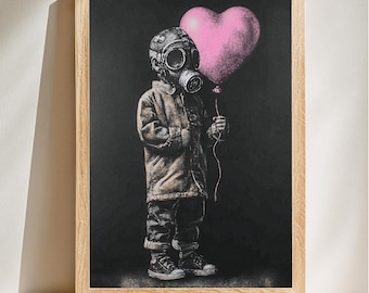 Niño con máscara de gas y globo rosa, lámina de arte callejero, arte mural oscuro, decoración urbana, descarga digital.