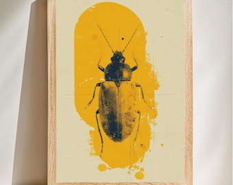 Ilustración vintage de escarabajo, arte retro de insectos, decoración abstracta de la naturaleza, arte mural de entomología, estilo caprichoso, descarga digital.