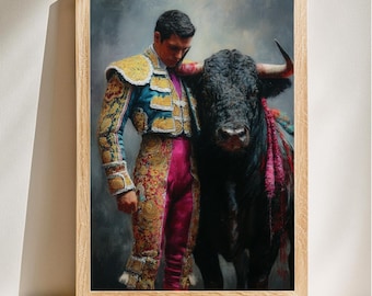 Matador and Bull Portrait, Baroque Style, Bold Animal Art, Rich Home Decor Accent, Digital Download