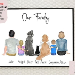 Custom Family Portrait with Pets, Christmas Gift for Mom from Daughter, Personalized Family Gifts, Grandma Christmas Gift, Wall Art