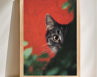 Gato curioso en rojo intenso, arte contemporáneo y original, decoración de pared con temática felina, decoración para el hogar para amantes de los animales, descarga digital.