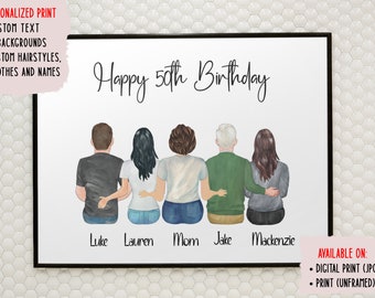 May include: A personalized 50th birthday print featuring a group of five people standing with their arms around each other. The print includes the text "Happy 50th Birthday" and the names "Luke", "Lauren", "Mom", "Jake", and "Mackenzie".