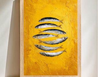 Arte minimalista de sardinas, estilo rústico moderno, decoración de pared con temática de peces, impresión en lienzo amarillo intenso, descarga digital.