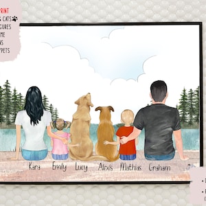 Personalized Dog Family Portrait, Dog Kids Print, Personalized Couple Dog Print, Custom Family Portrait with Pets, Pet Family Print