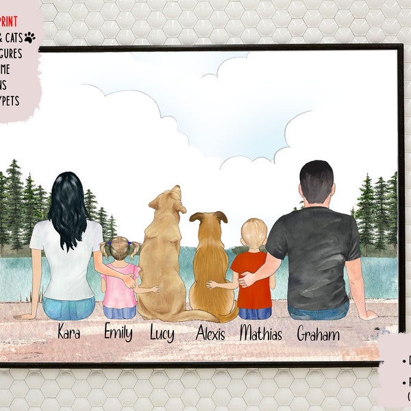 Personalized Dog Family Portrait, Dog Kids Print, Personalized Couple Dog Print, Custom Family Portrait with Pets, Pet Family Print