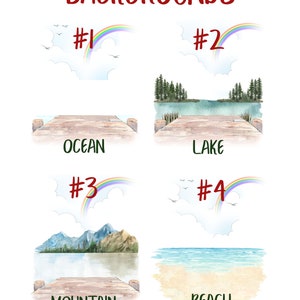 May include: Four watercolor illustrations of different backgrounds with a rainbow and clouds above each. The backgrounds are ocean, lake, mountain, and beach. Each background has a wooden dock in the foreground. The illustrations are numbered 1 through 4.