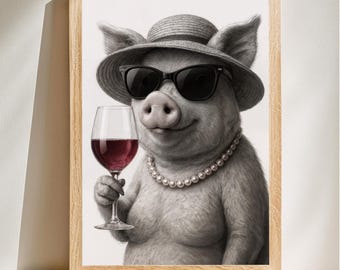 Pig Wine Glass Poster, Cool Pig Wall Art, Funny Kitchen Wall Art, Home Bar Decor, Digital Download