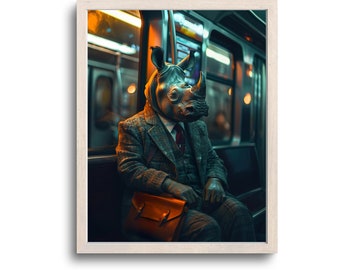 Rhino in NY Subway, Rhino Print, Rhino Wall Art, Rhino Gifts, Rhino Art, Rhino Photo, Eclectic Art, Whimsical Animals, Digital Download