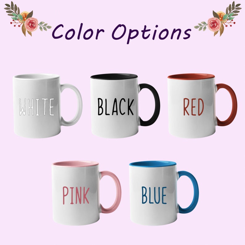 May include: Five ceramic mugs with different coloured rims and handles. The mugs are white with the words "WHITE", "BLACK", "RED", "PINK", and "BLUE" printed on them in black.
