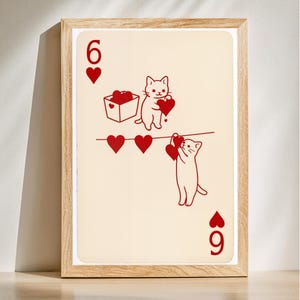 Art de cartes à jouer chat, impression de 6 coeurs mignons, décoration murale Kitty de la Saint-Valentin, affiche fantaisiste des amoureux des chats, téléchargement numérique