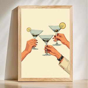 Impresión de arte mural de cóctel, póster de bar vintage, arte mural de Cheers, estilo de mediados de siglo, decoración de copas de martini, arte mural de fiesta, descarga digital