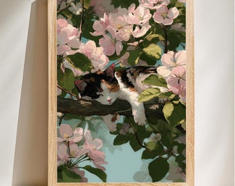 Gato soñador entre flores de cerezo, ilustración botánica, arte animal caprichoso, decoración acogedora para el hogar, descarga digital.