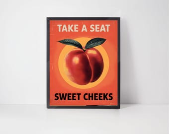 Póster "Toma asiento, mejillas dulces", póster divertido para el baño, arte de pared retro para el baño, impresión artística en color melocotón, descarga digital