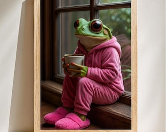 Cozy Frog Art, Funny Frog in Pajamas, Coffee Wall Print, Cute Animal Poster, Digital Download