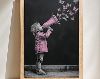Niño con mariposas y megáfono, ilustración caprichosa, decoración de pared para habitación infantil, descarga de impresión digital