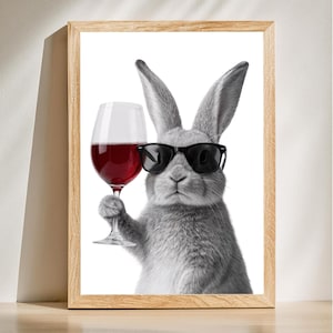 May include: A framed black and white print featuring a gray rabbit wearing sunglasses and holding a glass of red wine. The artwork has a light wood frame and is set against a white background.