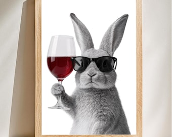 Rabbit Wine Glass Poster, Cool Bunny Wall Art, Funny Kitchen Wall Art, Home Bar Decor, Digital Download