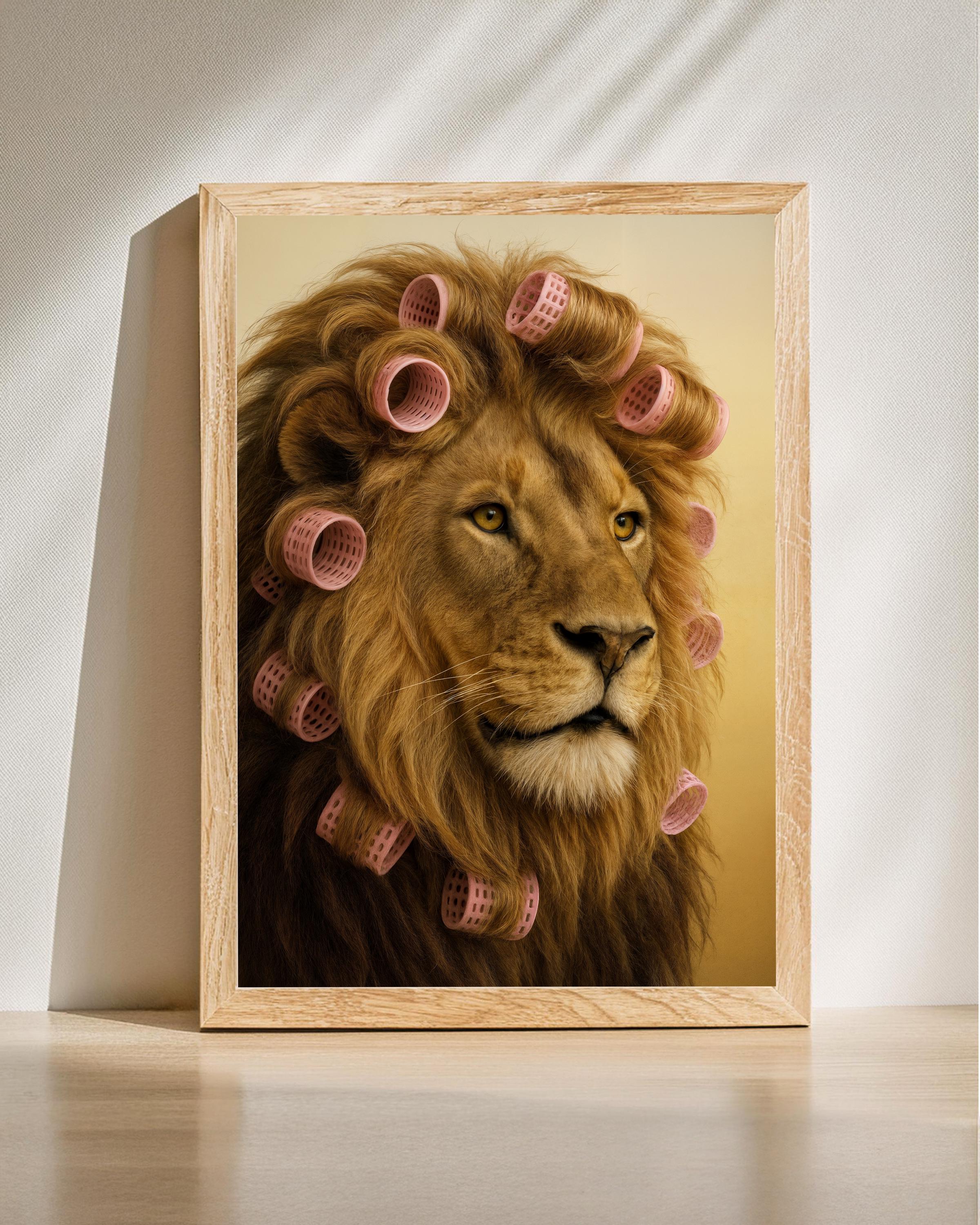 Funny Lion Hair Rollers Print, Curly Mane Lion Wall Art, Salon