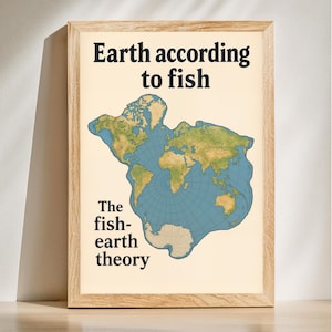 Fisch Erde Theory Poster, Flache Erde Parodie Dekor, lustige Geographie Wandkunst, Absurd Wissenschaft Druck, Ozean Flache Erde Witz, digitaler Download