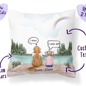 May include: A watercolor illustration of a dog and a girl sitting on a wooden dock overlooking a lake. The dog has wings and a speech bubble that says "I know". The girl has a speech bubble that says "I miss you". A rainbow is in the sky above them. The dog is named Bronx and the girl is named Diane.