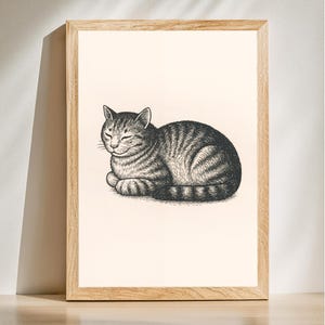 Vintage Sleeping Cat Wall Art, Minimalist Cat Print, Black Ink Style Cat Poster, Gift For Cat Lovers, Digital Download