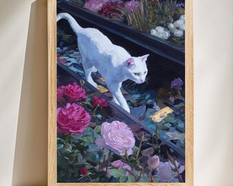 Arte de gato blanco, estilo impresionista, estampado de escena floral, decoración de ensueño para el hogar, descarga digital.