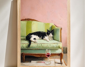 Gato perezoso en un sofá regio, estilo impresionista, arte mural con temática felina, decoración caprichosa para el hogar, descarga digital