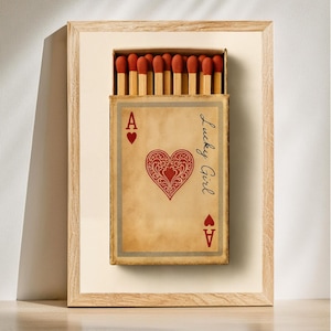 Poster "Lucky Girl Ace Matchbox", "Asso di Cuori Matchbox", stile retrò, carta da gioco, potere femminile, regalo per gli amanti delle carte, download digitale
