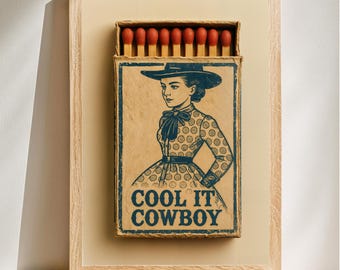 Cool It Cowboy Matchbox Art, Matchbook Wall Art, Cowgirl Illustration, Western Style Poster, Digital Download