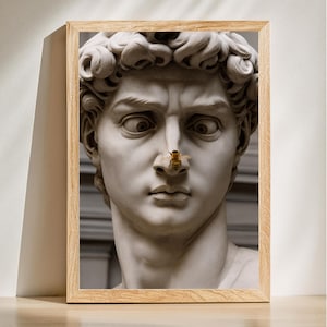 Può includere: Una stampa incorniciata raffigurante una scultura classica del volto di un uomo con un'ape sul naso. L'opera d'arte è in una cornice di legno chiaro, con la scultura in tonalità di bianco e grigio.