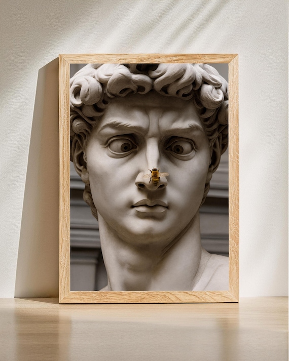 Funny David Statue Art, Bee on Nose Print, Classical Art Parody