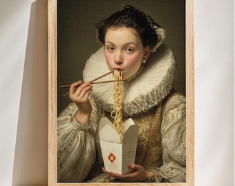 Retrato de una dama de fideos renacentista, estilo barroco caprichoso, arte mural original, decoración divertida para el hogar, descarga digital.