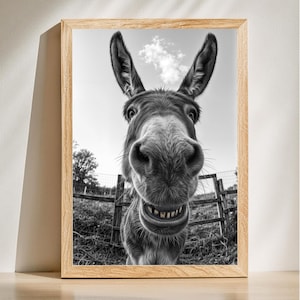 Arte de parede engraçada de burro, presente para amantes de burros, decoração engraçada de animais de fazenda, estampa de animal em preto e branco, arte de parede para escritório, download digital