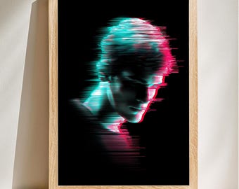 Neon Glitch Portrait, Futuristic Digital Art, Modern Home Decor, Retro-Futurism, Aesthetic Wall Art, Cyberpunk Style, Digital Download