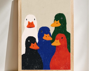 Cuadro de patos coloridos, estilo folclórico caprichoso, arte mural de animales original, decoración divertida para el hogar, descarga digital.