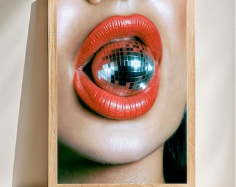 Lipart discobal, moderne glamourpop, funky muurdecor, gewaagd statementstuk, eclectische huisstijl, digitale download