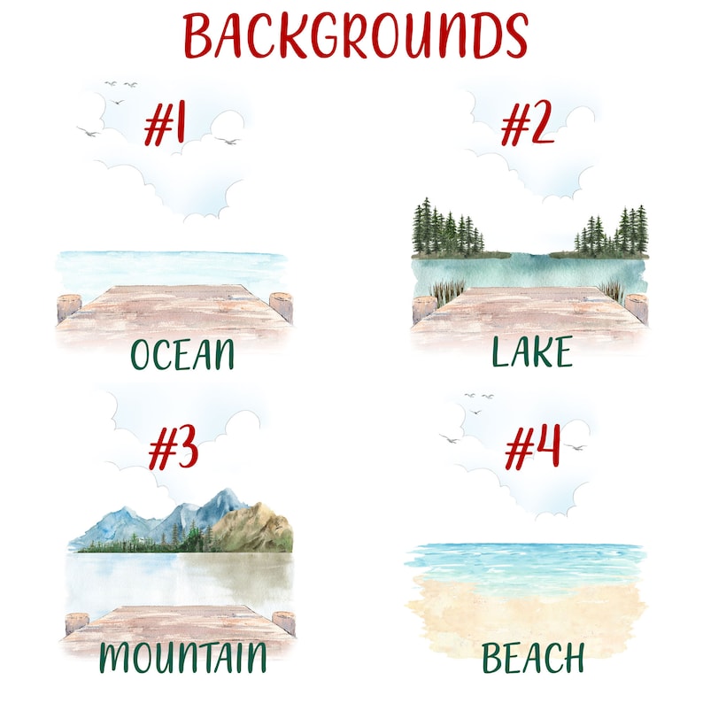 Op de afbeelding: Vier aquarel illustraties van verschillende achtergronden: oceaan, meer, berg en strand. Elke illustratie toont een houten dok en de naam van de achtergrond eronder.